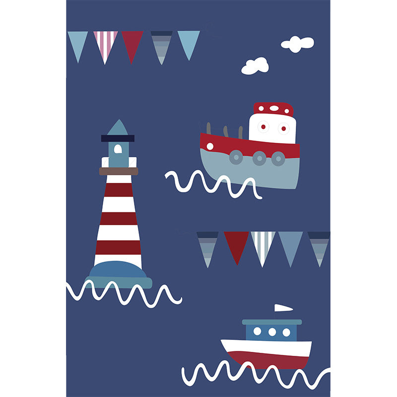 Sikunuo | Blue Children's Carpet Polyester Lantern and Ship Pattern Carpet Pet Friendly Washable Non-Slip Backing Carpet for Decoration