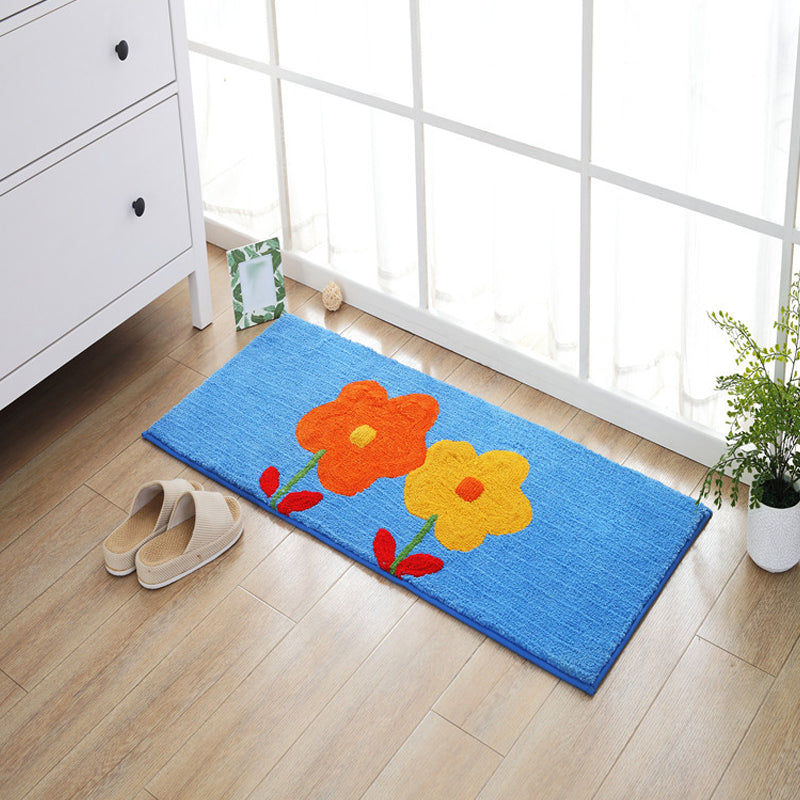Sikunuo | Blue and orange children's carpet polyester leaf and flower pattern carpet pet-friendly washable non-slip backing carpet for decoration