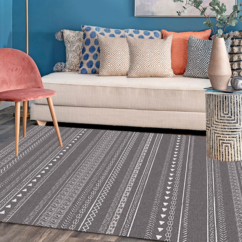 Sikunuo | Retro striped pattern rug gray polyester washable pet-friendly non-slip rug for living room