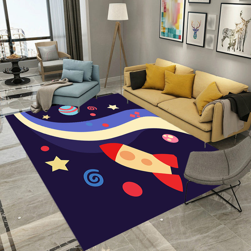 Sikunuo | Children's Spaceship Pattern Rug with Planet Dark Blue Polyester Rug Washable Pet-Friendly Non-Slip Rug for the Children's Room