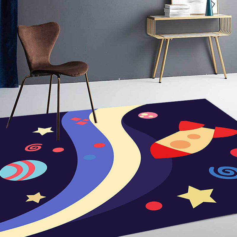 Sikunuo | Children's Spaceship Pattern Rug with Planet Dark Blue Polyester Rug Washable Pet-Friendly Non-Slip Rug for the Children's Room