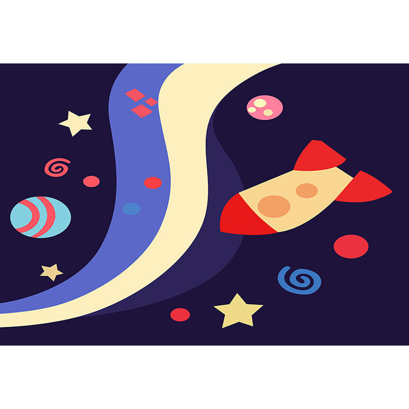 Sikunuo | Children's Spaceship Pattern Rug with Planet Dark Blue Polyester Rug Washable Pet-Friendly Non-Slip Rug for the Children's Room
