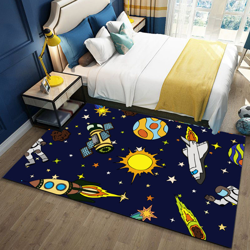Sikunuo | Black and Blue Kids Rug Polyester Space and Beach Pattern Rug Pet Friendly Washable Non-Slip Backing Carpet for Decoration