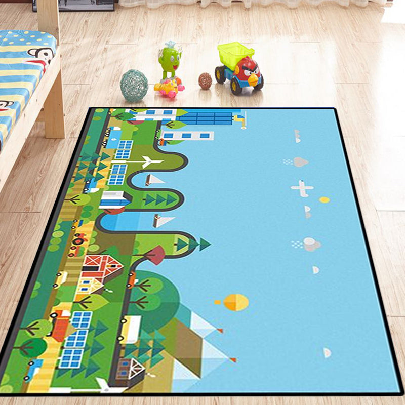 Sikunuo | Unique Construction Pattern Rug Blue Children's Rug Polyester Washable Pet-Friendly Non-Slip Rug for the Children's Room