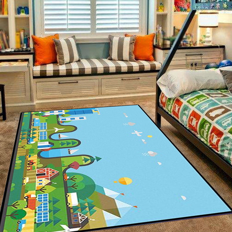 Sikunuo | Unique Construction Pattern Rug Blue Children's Rug Polyester Washable Pet-Friendly Non-Slip Rug for the Children's Room