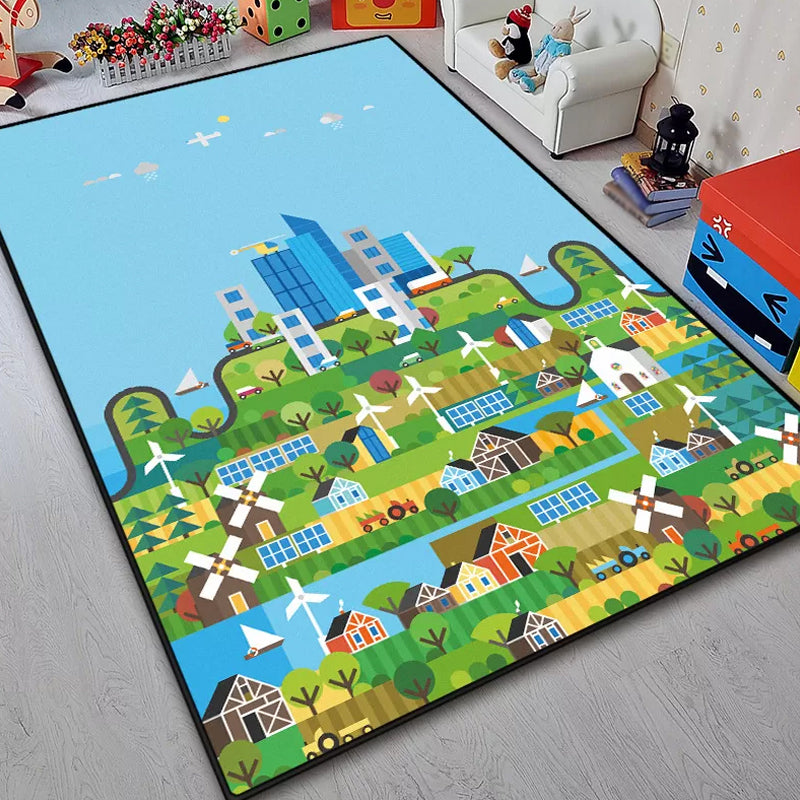 Sikunuo | Unique Construction Pattern Rug Blue Children's Rug Polyester Washable Pet-Friendly Non-Slip Rug for the Children's Room