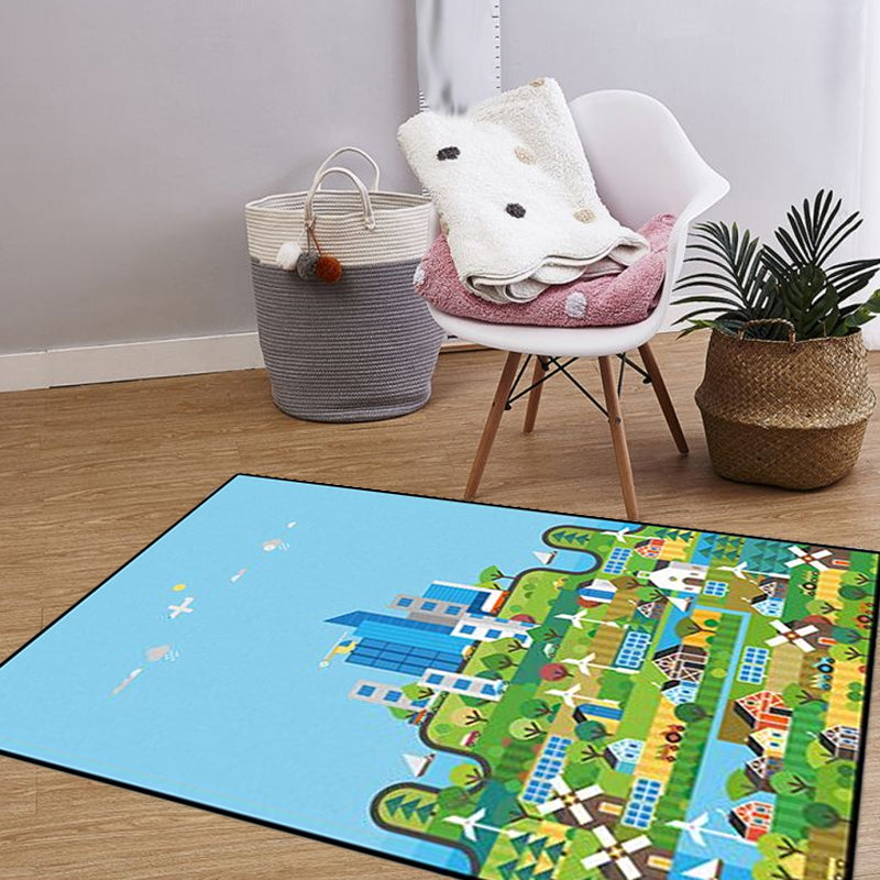 Sikunuo | Unique Construction Pattern Rug Blue Children's Rug Polyester Washable Pet-Friendly Non-Slip Rug for the Children's Room