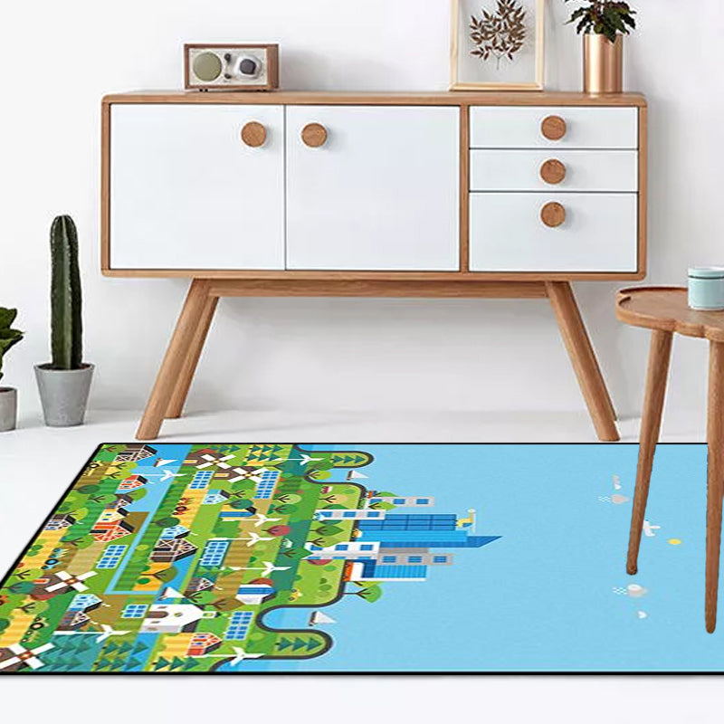 Sikunuo | Unique Construction Pattern Rug Blue Children's Rug Polyester Washable Pet-Friendly Non-Slip Rug for the Children's Room