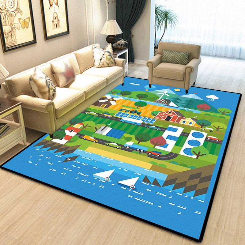 Sikunuo | Unique Construction Pattern Rug Blue Children's Rug Polyester Washable Pet-Friendly Non-Slip Rug for the Children's Room