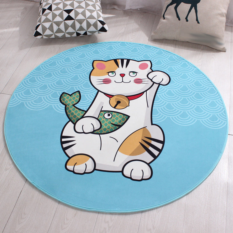 Sikunuo | Kids Cat Pattern Rug Blue and Pink Polyester Rug Washable Pet-Friendly Non-Slip Rug for the Children's Room