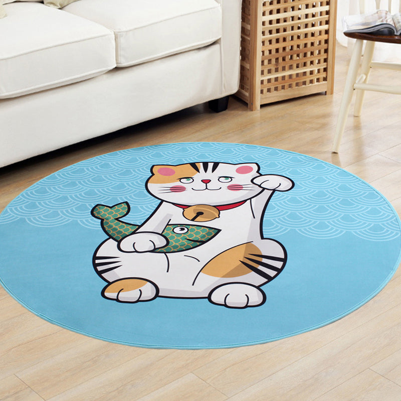 Sikunuo | Kids Cat Pattern Rug Blue and Pink Polyester Rug Washable Pet-Friendly Non-Slip Rug for the Children's Room