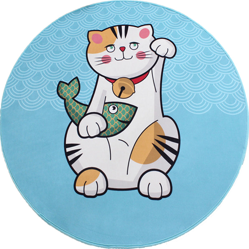Sikunuo | Kids Cat Pattern Rug Blue and Pink Polyester Rug Washable Pet-Friendly Non-Slip Rug for the Children's Room