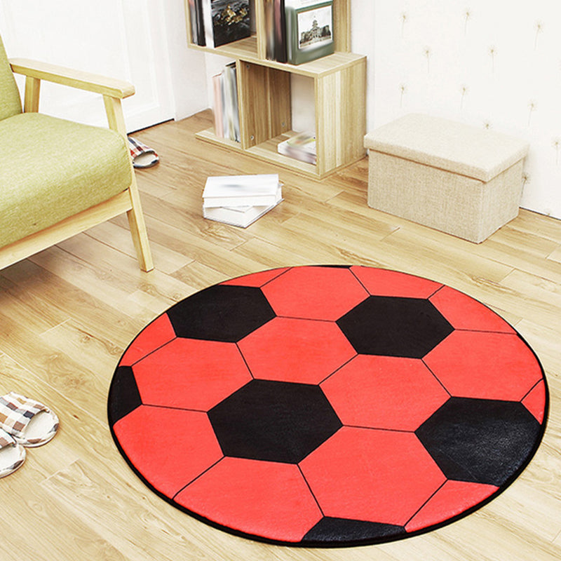 Sikunuo | White and Red Children's Carpet Polyester Basketball and Soccer Pattern Rug Pet Friendly Washable Non-Slip Backing Rug for Decoration