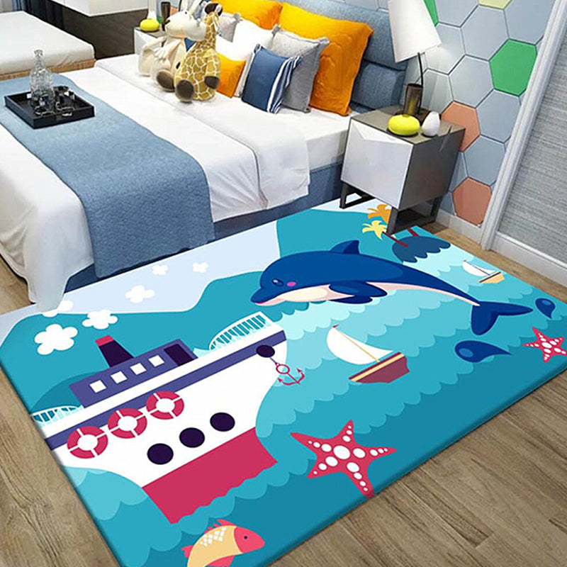 Sikunuo | Kids Ship Pattern Carpet with Dolphin Blue Polyester Carpet Washable Pet-friendly Non-slip Carpet for the Children's Room