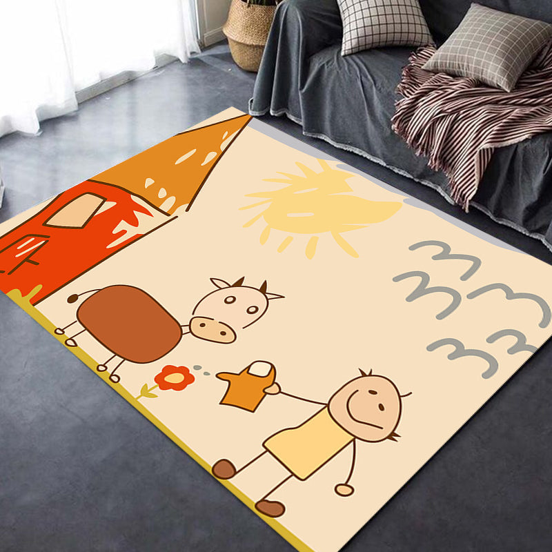Sikunuo | Cute Painting Pattern Rug Orange Kids Rug Polyester Pet Friendly Washable Area Rug for Kids Room