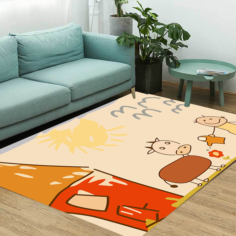Sikunuo | Cute Painting Pattern Rug Orange Kids Rug Polyester Pet Friendly Washable Area Rug for Kids Room