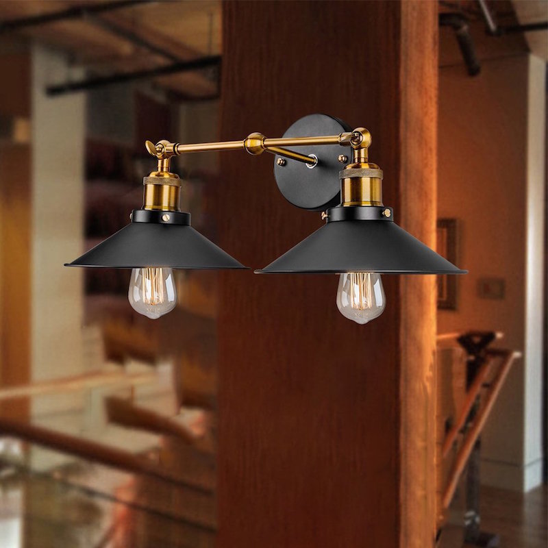 Sikunuo | 2 heads wall light industrial stylish tapered shade metal wall sconces lighting in black/white for living room