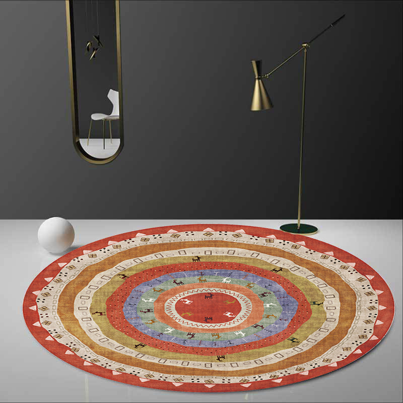 Sikunuo | Retro Tribal Circles Pattern Carpet Yellow and Red Polyester Carpet Washable Pet Friendly Non-Slip Carpet for the Living Room