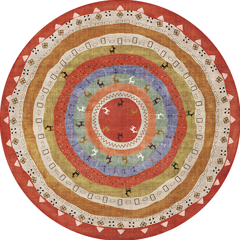 Sikunuo | Retro Tribal Circles Pattern Carpet Yellow and Red Polyester Carpet Washable Pet Friendly Non-Slip Carpet for the Living Room
