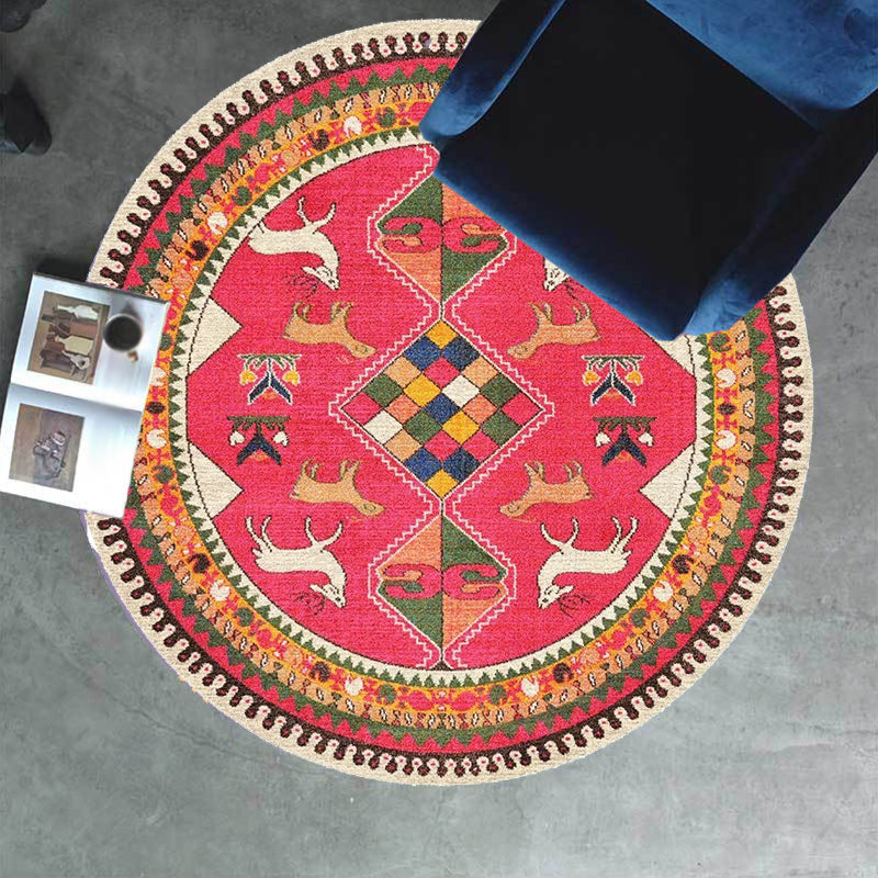 Sikunuo | Retro Tribal Circles Pattern Carpet Yellow and Red Polyester Carpet Washable Pet Friendly Non-Slip Carpet for the Living Room