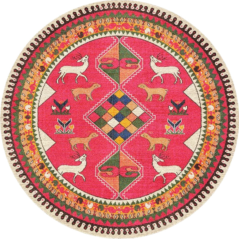 Sikunuo | Retro Tribal Circles Pattern Carpet Yellow and Red Polyester Carpet Washable Pet Friendly Non-Slip Carpet for the Living Room
