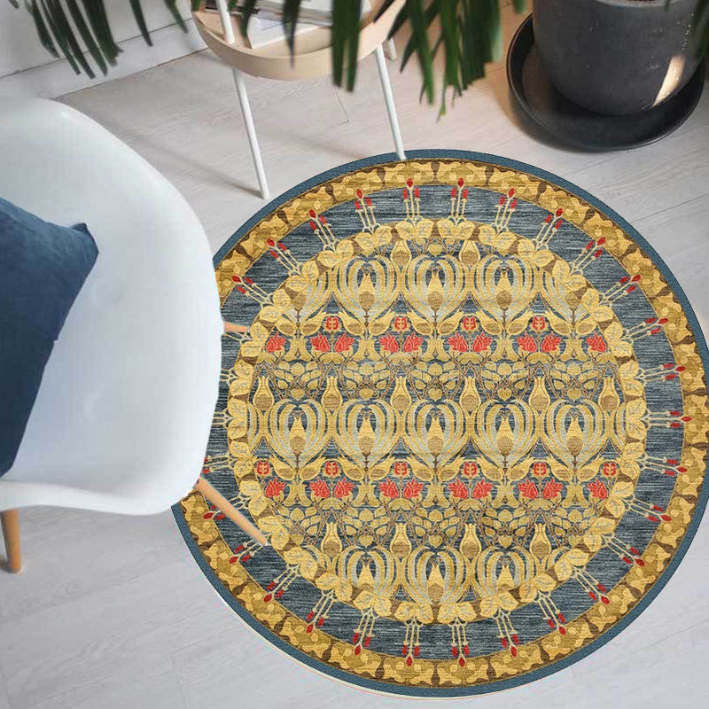 Sikunuo | Retro Tribal Circles Pattern Carpet Yellow and Red Polyester Carpet Washable Pet Friendly Non-Slip Carpet for the Living Room