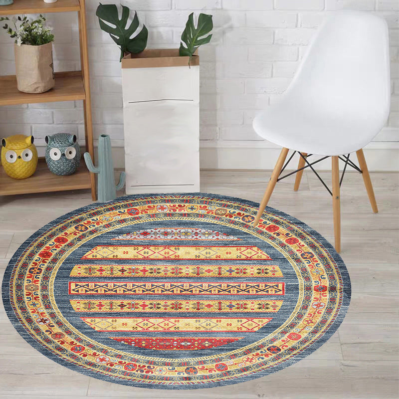 Sikunuo | Retro Tribal Circles Pattern Carpet Yellow and Red Polyester Carpet Washable Pet Friendly Non-Slip Carpet for the Living Room