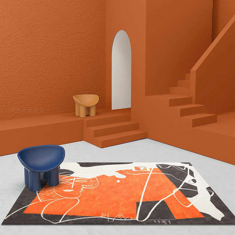 Sikunuo | Orange and Black Abstract Area Rug Polyester Modern Rug Washable Non-Slip Pet-Friendly Area Rug for Living Room