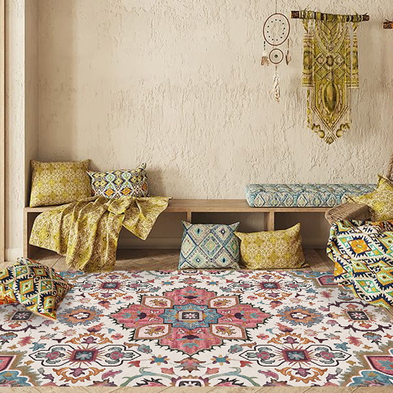 Sikunuo | Traditional Tribal Flower Pattern Rug Multicolored Moroccan Rug Polyester Pet Friendly Non-Slip Back Washable Rug for Living Room