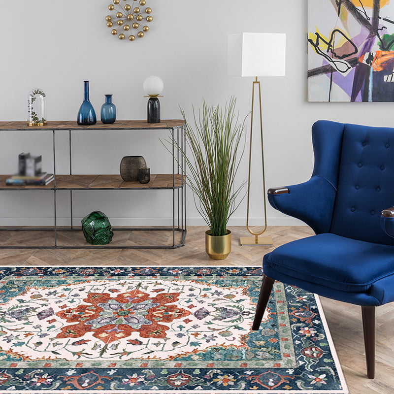 Sikunuo | Traditional Tribal Flower Pattern Rug Multicolored Moroccan Rug Polyester Pet Friendly Non-Slip Back Washable Rug for Living Room