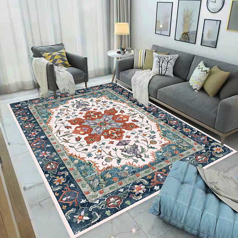 Sikunuo | Traditional Tribal Flower Pattern Rug Multicolored Moroccan Rug Polyester Pet Friendly Non-Slip Back Washable Rug for Living Room