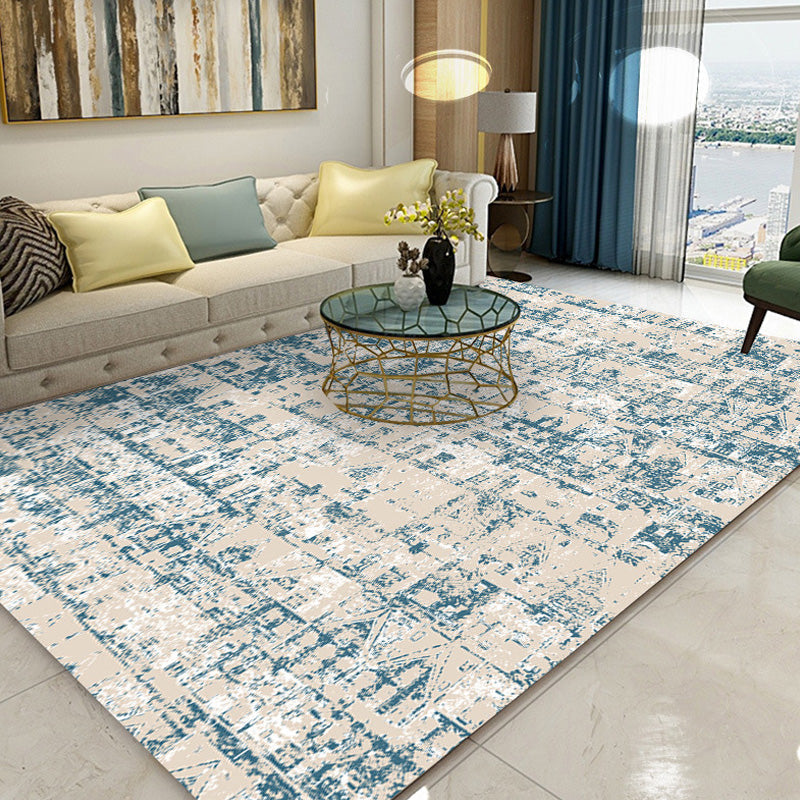 Sikunuo | Shabby Chic Tribal Pattern Carpet Blue Polyester Carpet Washable Pet-Friendly Non-Slip Carpet for the Living Room