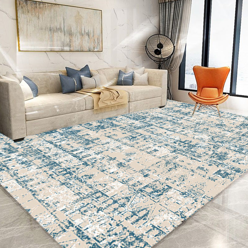 Sikunuo | Shabby Chic Tribal Pattern Carpet Blue Polyester Carpet Washable Pet-Friendly Non-Slip Carpet for the Living Room