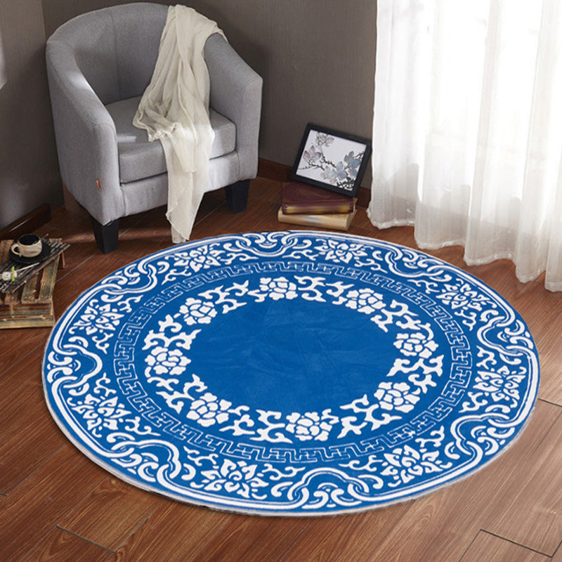 Sikunuo | Vintage Floral Pattern Carpet Blue and Black Polyester Carpet Washable Pet-Friendly Non-Slip Carpet for Living Room
