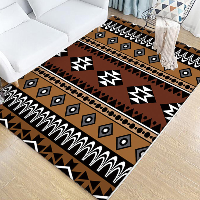 Sikunuo | Stamm Geometric Pattern Carpet Brown and Green Polyester Carpet Washable Pet Friendly Non-Slip Carpet for Living Room