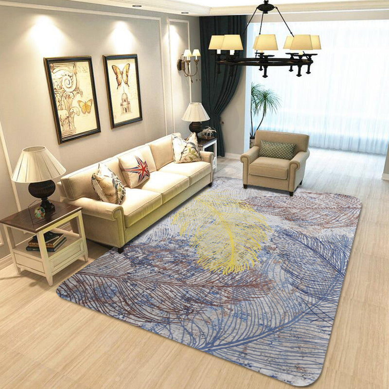 Sikunuo | Yellow Shabby Chic Carpet Polyester Feather Pattern Carpet Machine Washable Non-Slip Back Carpet for Decoration