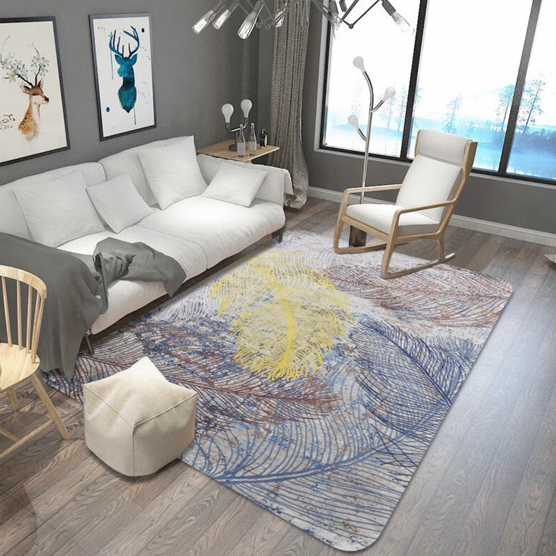 Sikunuo | Yellow Shabby Chic Carpet Polyester Feather Pattern Carpet Machine Washable Non-Slip Back Carpet for Decoration