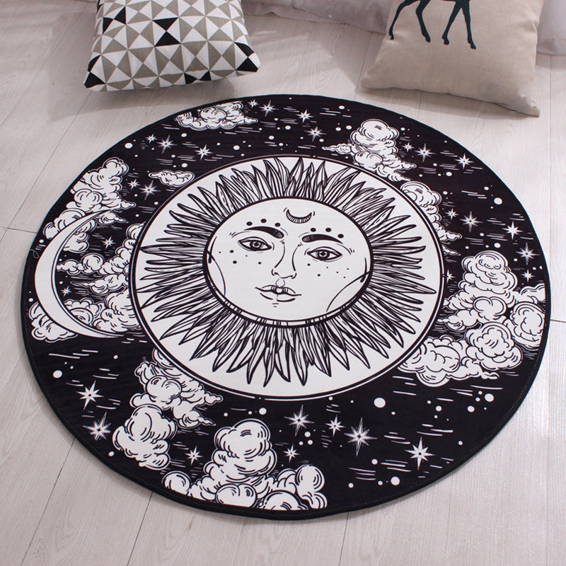Sikunuo | Moroccan floral pattern rug with moon black and red polyester rug machine washable pet-friendly non-slip rug for the living room