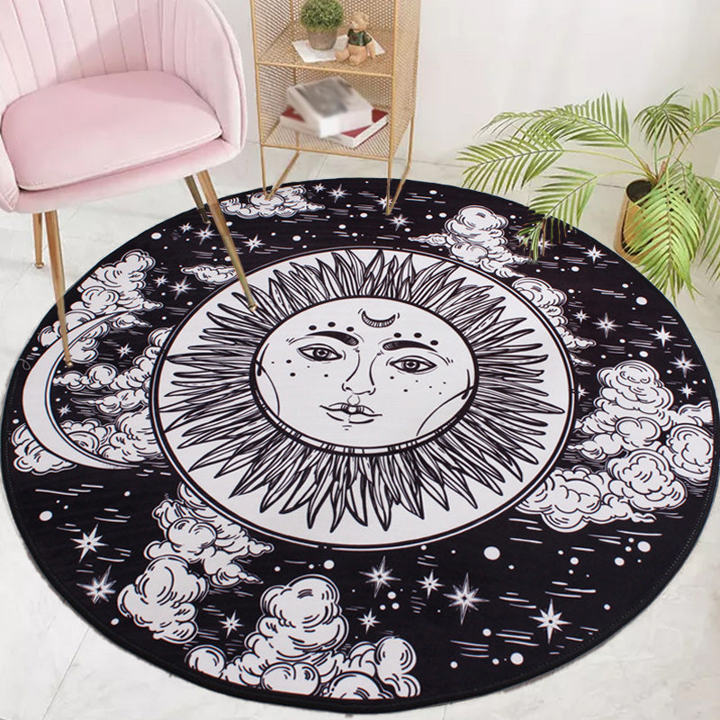 Sikunuo | Moroccan floral pattern rug with moon black and red polyester rug machine washable pet-friendly non-slip rug for the living room