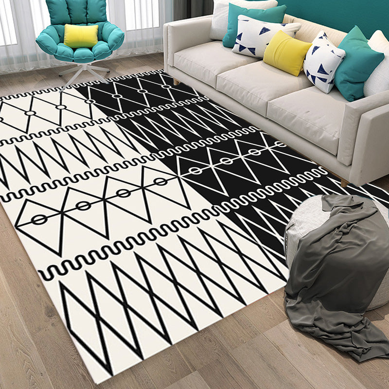 Sikunuo | Retro geometric pattern rug black and white southwest rug polyester pet friendly non-slip backing washable rug for living room