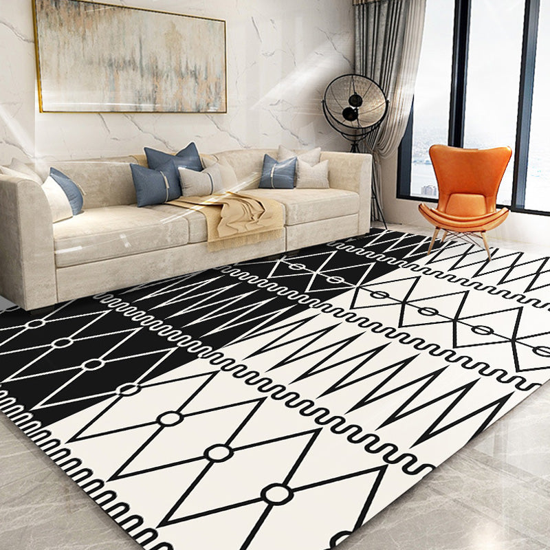 Sikunuo | Retro geometric pattern rug black and white southwest rug polyester pet friendly non-slip backing washable rug for living room