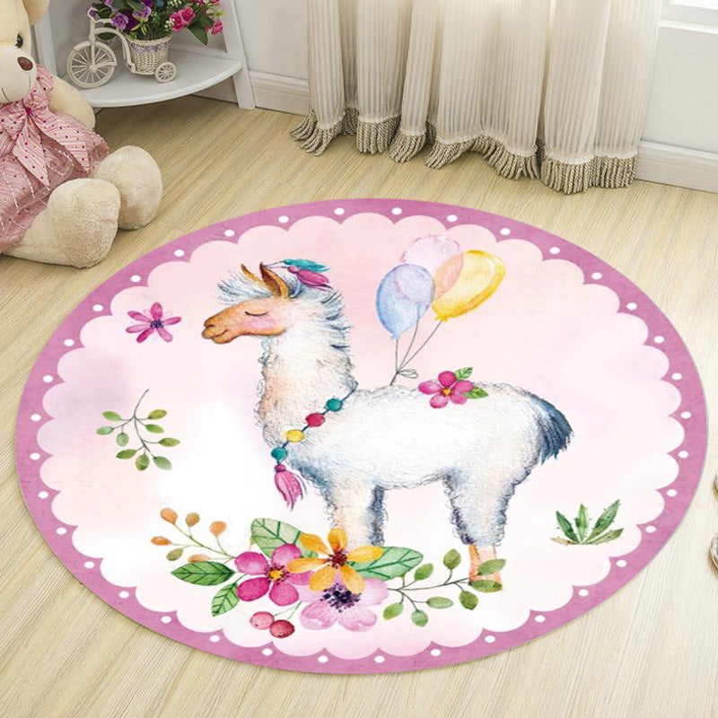 Sikunuo | Kids Deer Pattern Carpet with Flowers White and Blue Polyester Carpet Non-Slip Backing Washable Pet-Friendly Carpet for the Bedroom