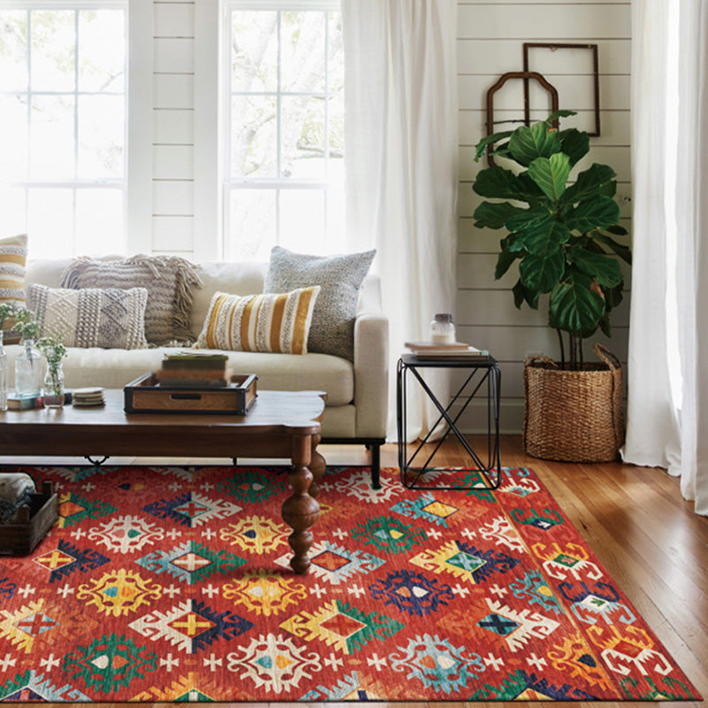 Sikunuo | Stylish geometric pattern rug with flowers white and red Moroccan rug polyester pet-friendly non-slip back washable area rug for living room