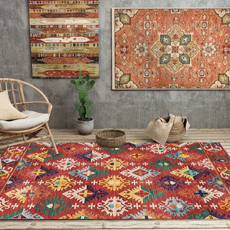 Sikunuo | Stylish geometric pattern rug with flowers white and red Moroccan rug polyester pet-friendly non-slip back washable area rug for living room
