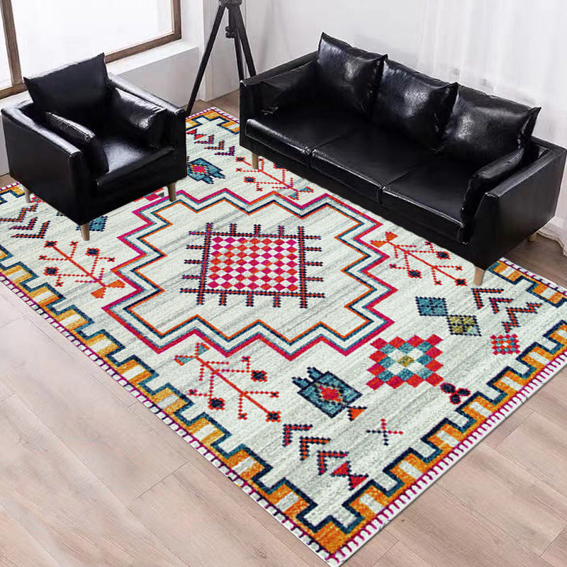 Sikunuo | Stylish geometric pattern rug with flowers white and red Moroccan rug polyester pet-friendly non-slip back washable area rug for living room