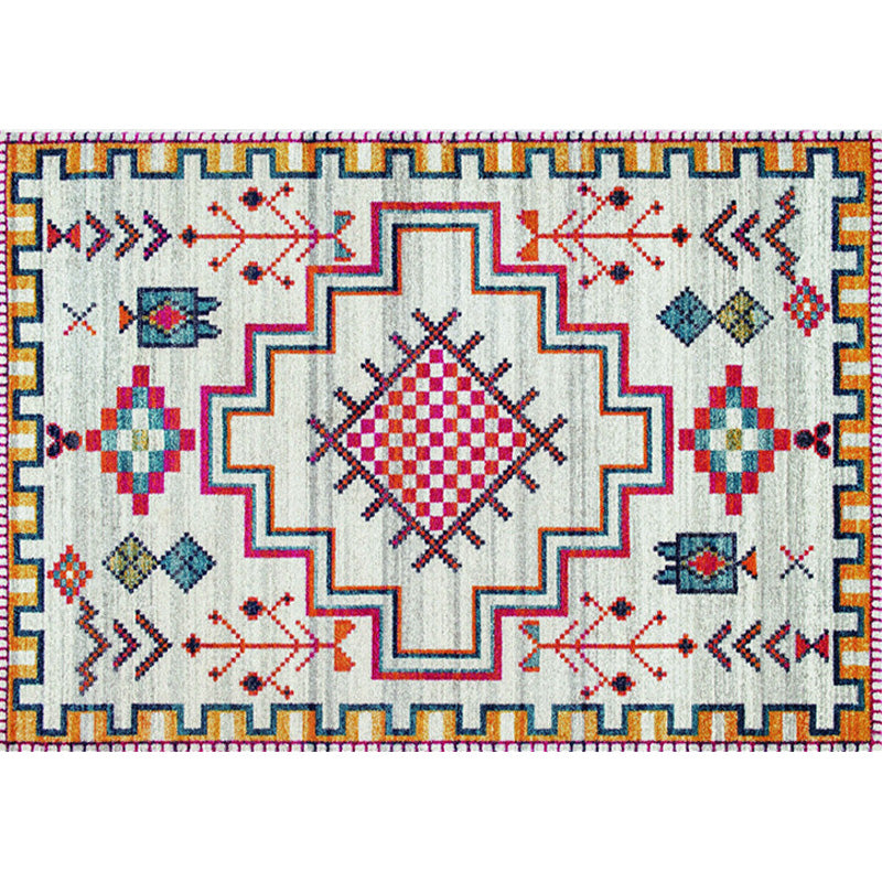 Sikunuo | Stylish geometric pattern rug with flowers white and red Moroccan rug polyester pet-friendly non-slip back washable area rug for living room