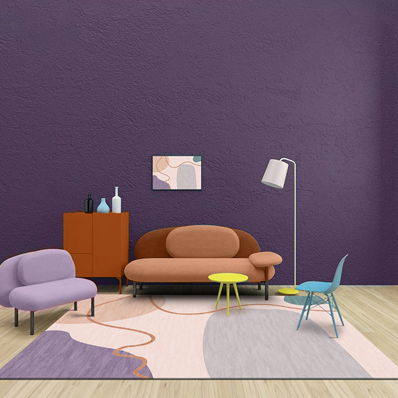 Sikunuo | Modernist Color Block Carpet Pink Polyester Carpet Non-Slip Back Washable Pet Friendly Area Rug for Home