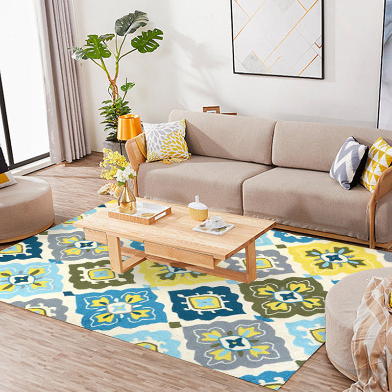 Sikunuo | Retro Azulejo Pattern Rug Multicolor Polyester Rug Washable Pet Friendly Non-Slip Rug for the Living Room