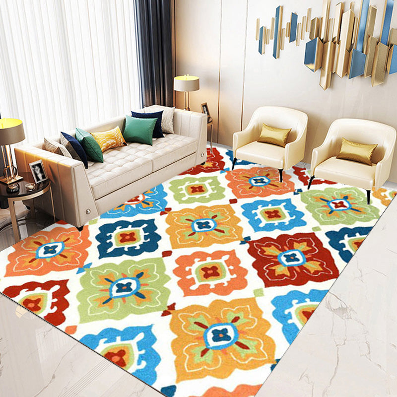 Sikunuo | Retro Azulejo Pattern Rug Multicolor Polyester Rug Washable Pet Friendly Non-Slip Rug for the Living Room