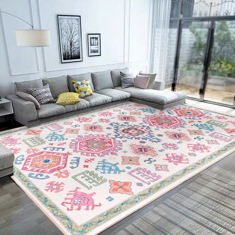 Sikunuo | White and pink Bohemian rug Polyester floral pattern pet-friendly washable non-slip backing rug for decoration